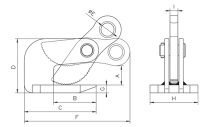 Technical drawing of Camlok THK Horizontal Plate Clamp with dimensions labelled
