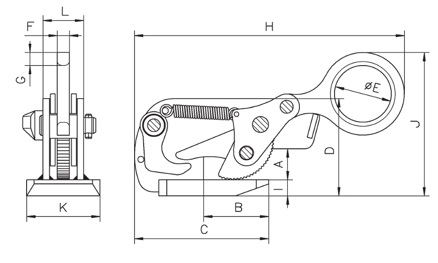 Technical drawing of Camlok THS Horizontal Plate Clamp with labelled dimensions