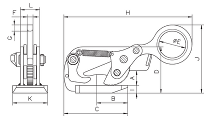 Technical drawing of Camlok THS Horizontal Plate Clamp with labelled dimensions