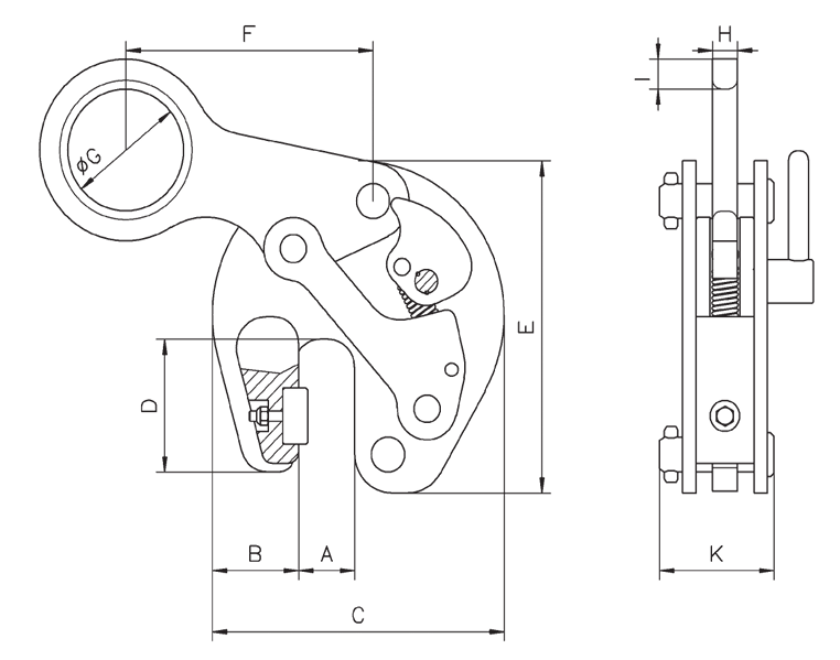Technical drawing of Camlok TTR Vertical Girder Grab with dimensions labelled