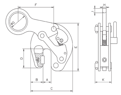 Technical drawing of Camlok TTR Vertical Girder Grab with dimensions labelled