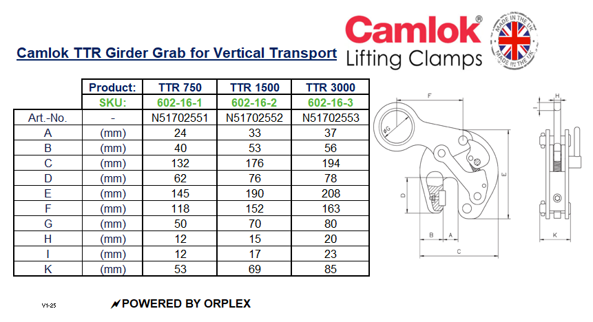 Table of Dimensions with Technical Drawing of Yellow and Black Camlok TTR Girder Grab for Vertical Transport