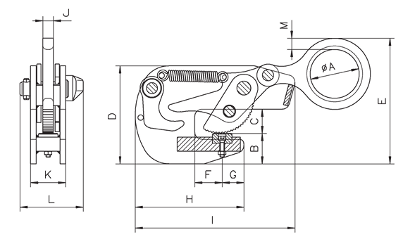 Technical drawing of Camlok TTG Horizontal Girder Clamp with labelled dimensions