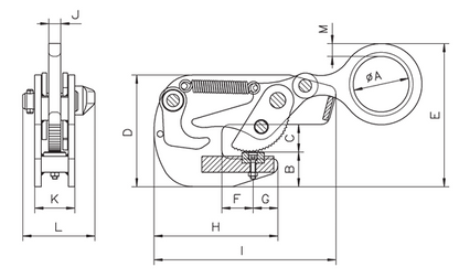 Technical drawing of Camlok TTG Horizontal Girder Clamp with labelled dimensions