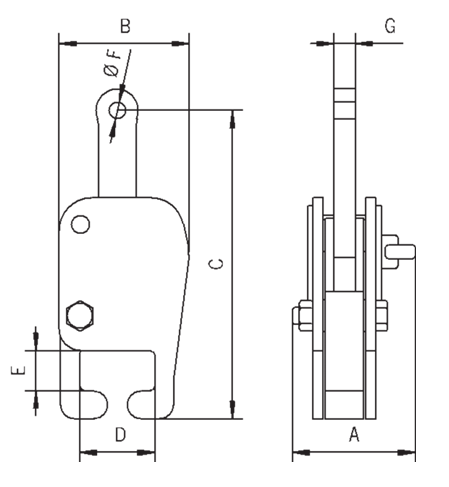 Technical drawing of Camlok CR Single Rail Clamp