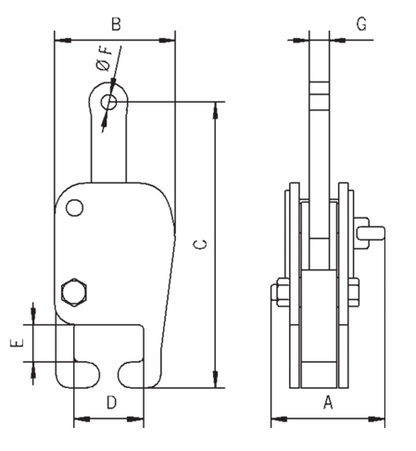 Technical drawing of Camlok CR Single Rail Clamp