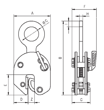 Technical Drawing of 92 Series Standard Plate Clamp  with Safety Lock - Hook End