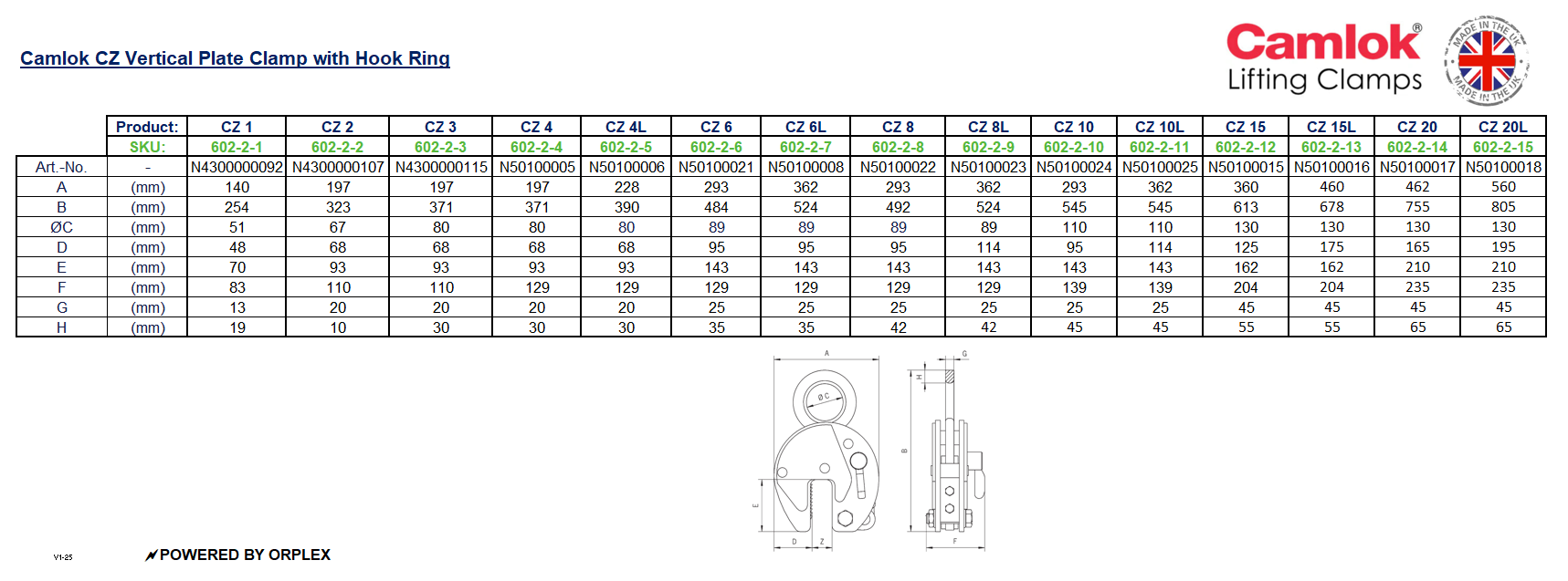Table of Dimensions with Technical drawing for Yellow and Black Camlok CZ Heavy Duty Plate Clamp with Hook Ring