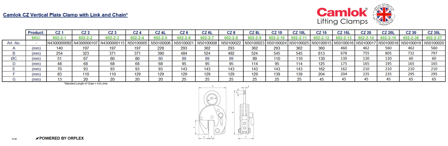 Camlok CZ Heavy Duty Plate Clamp with Link fitting & Chain Dimensions Table with Diagram