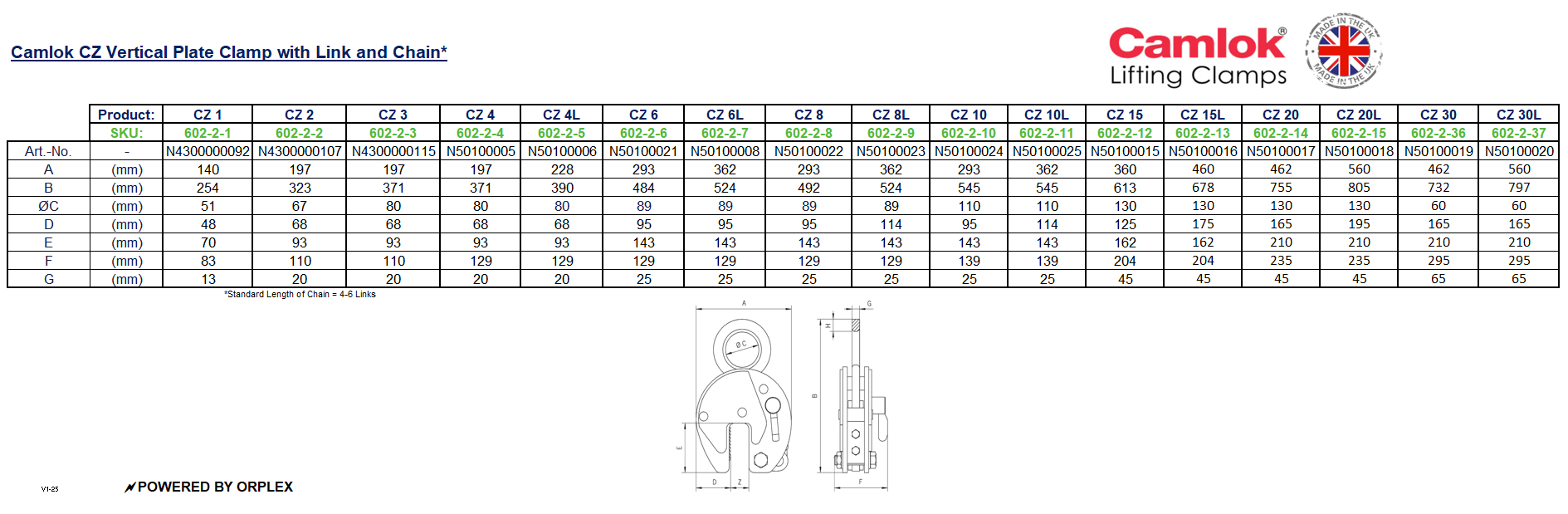 Camlok CZ Heavy Duty Plate Clamp with Link fitting & Chain Dimensions Table with Diagram