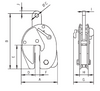 Technical drawing of Camlok PP Pile Pulling Clamp with dimensions labeled