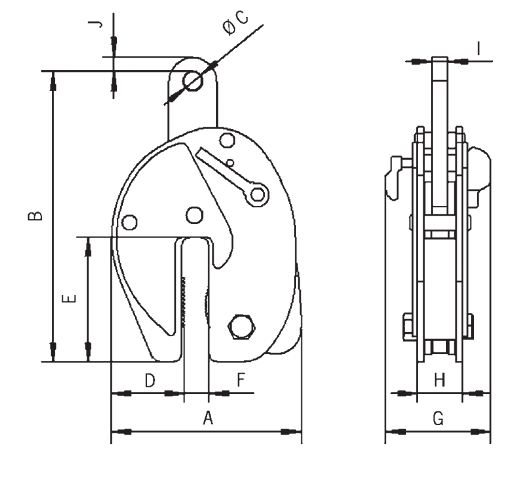 Technical drawing of Camlok PP Pile Pulling Clamp with dimensions labeled