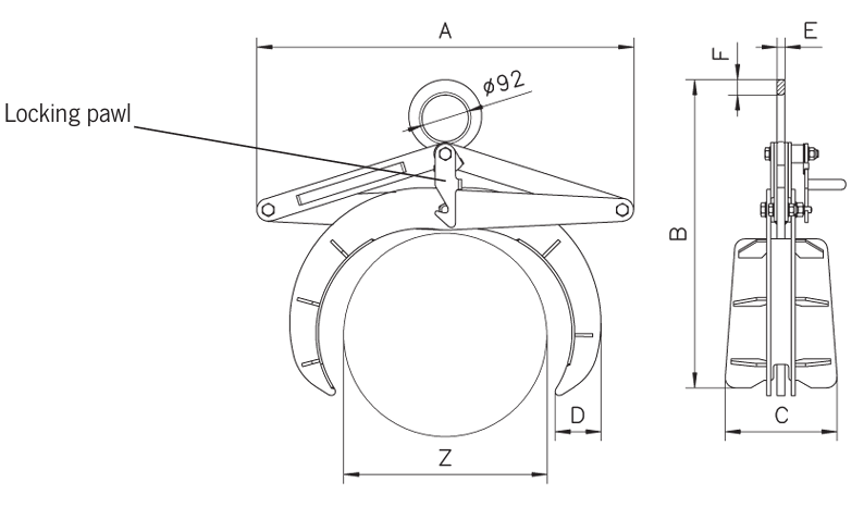 Technical drawing of Camlok TRU Roundstock Grab with labelled parts and dimensions.