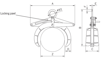Technical drawing of Camlok TRU Roundstock Grab with labelled parts and dimensions.