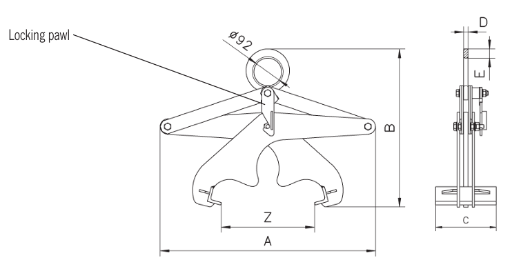 Technical drawing of Camlok TPR profile steel grab with labelled parts and dimensions
