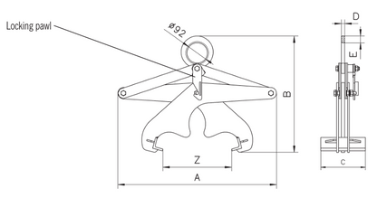 Technical drawing of Camlok TPR profile steel grab with labelled parts and dimensions