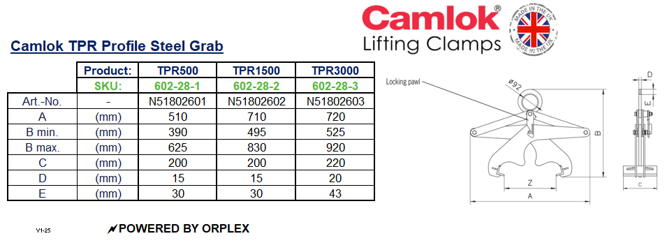 Table of dimensions with technical drawing of Yellow Camlok TPR Profile Steel Grab