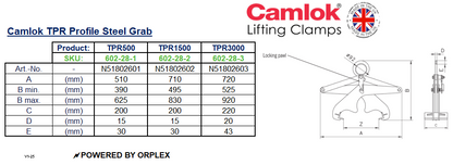 Table of dimensions with technical drawing of Yellow Camlok TPR Profile Steel Grab