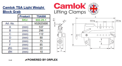 Table of Dimensions with Technical Drawing for Yellow Camlok TSA Lightweight Block Grab