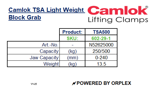 Product Specifications table for Yellow Camlok TSA Lightweight Block Grab