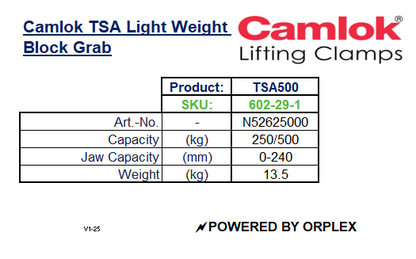 Product Specifications table for Yellow Camlok TSA Lightweight Block Grab