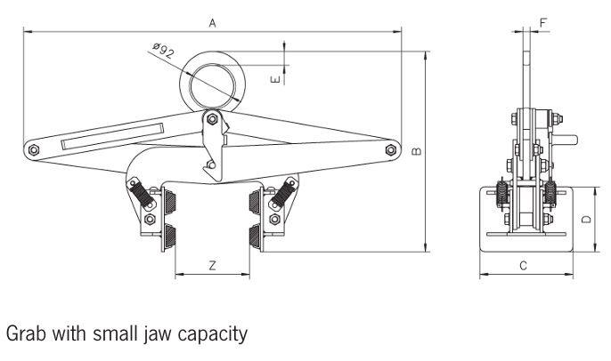 Technical drawing of Camlok TBG block grab with small jaw capacity