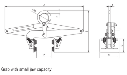 Technical drawing of Camlok TBG block grab with small jaw capacity