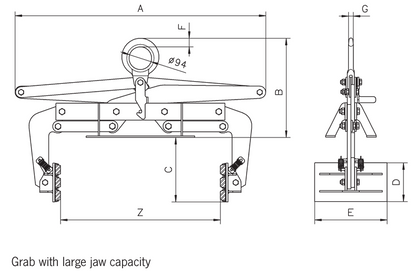 Technical drawing Camlok TST grab with large jaw capacity, showing dimensions and details.