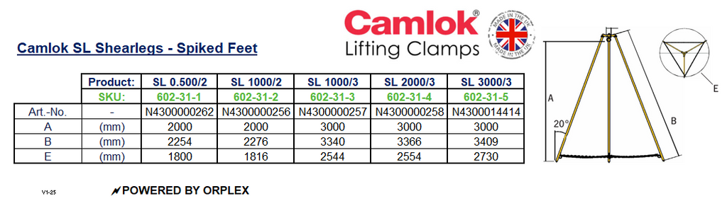 Camlok SL 2000kg 3-Leg Shearlegs – Spiked Feet - Dimensions