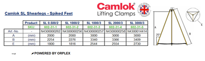 Table of dimensions with technical drawing for Camlok SL Shearlegs Spiked Feet