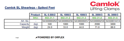 Camlok SL Shearlegs with Spiked Feet  Specification Table