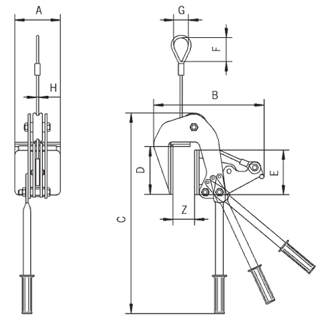 Technical drawing of Camlok TPZ Board Clamp with labelled dimensions