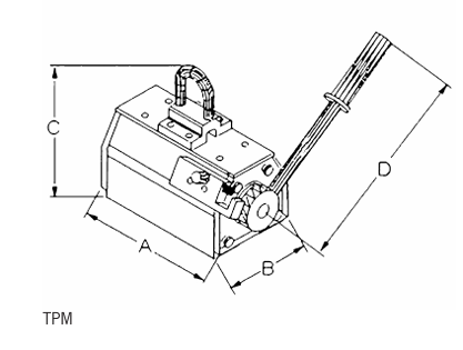 Technical drawing showing dimensions labelled for Yellow Camlok TPM Permanent Lifting Magnet