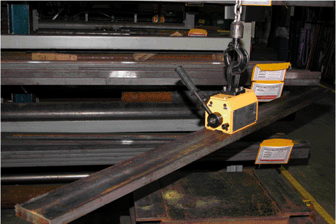 Yellow Camlok TPM Permanent Lifting Magnet in use