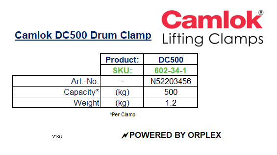 Product Specifications for Yellow Camlok DC500 Drum Clamp