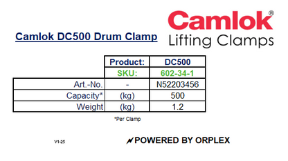 Product Specifications for Yellow Camlok DC500 Drum Clamp
