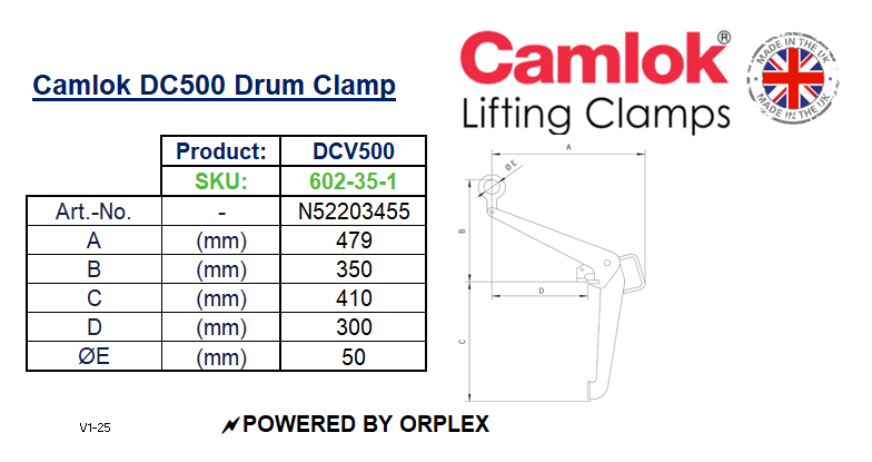 Table of dimensions with technical drawing for Yellow Camlok DCV500 Vertical Lift Drum Clamp
