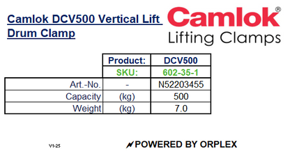 Technical Specifications table for Yellow Camlok DCV500 Vertical Lift Drum Clamp