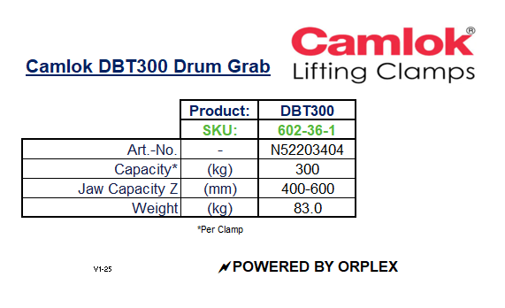 Product information sheet for Camlok DBT300 Drum Grab with specifications