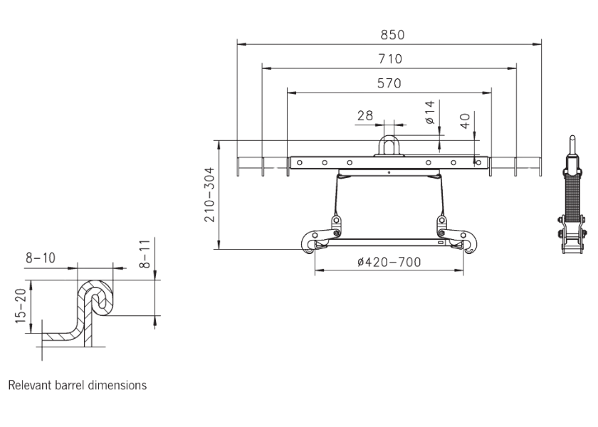 Labelled Diagram of dimensions for Yellow Camlok DAF Low Headroom Grab - Adjustable Arms