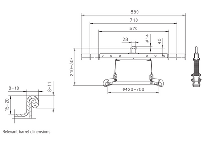 Labelled Diagram of dimensions for Yellow Camlok DAF Low Headroom Grab - Adjustable Arms