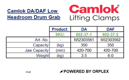 Camlok DA/DAF Low Headroom Drum Grab Specification Table