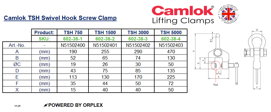 Camlok TSH Swivel Hook Screw Clamp Dimensions Table with Diagram