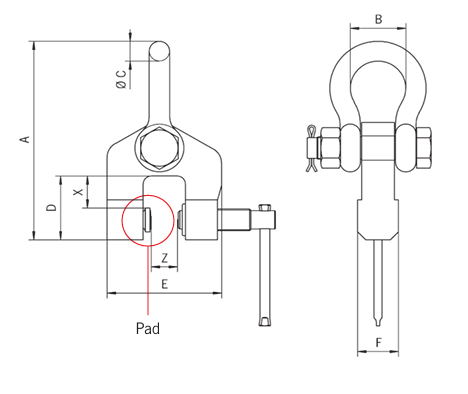 Technical drawing showing dimensions labelled for Yellow Camlok TSH Swivel Hook Screw Clamp