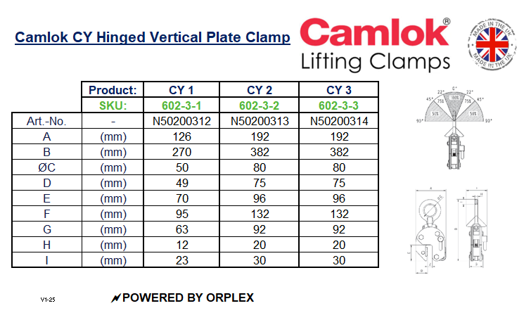Camlok CY Hinged Vertical Plate Clamp  Dimensions Table with Diagram