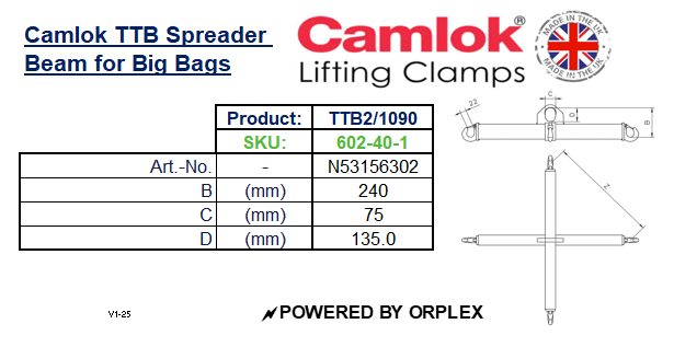 Table of Dimensions with technical drawing for Yellow Camlok TTB Spreader Beam for Big Bags