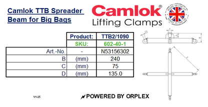 Table of Dimensions with technical drawing for Yellow Camlok TTB Spreader Beam for Big Bags