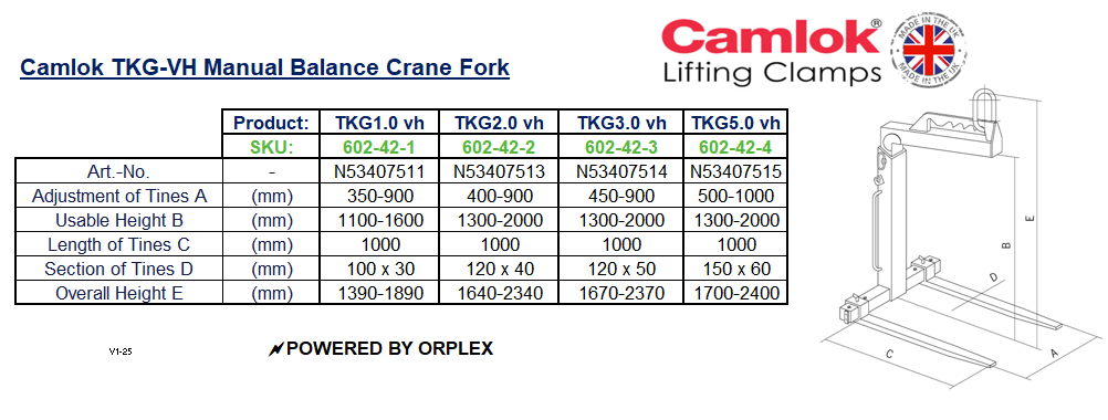 Table of dimensions with technical drawing of Yellow and Black Camlok TKG-VH Manual Balance Crane Forks