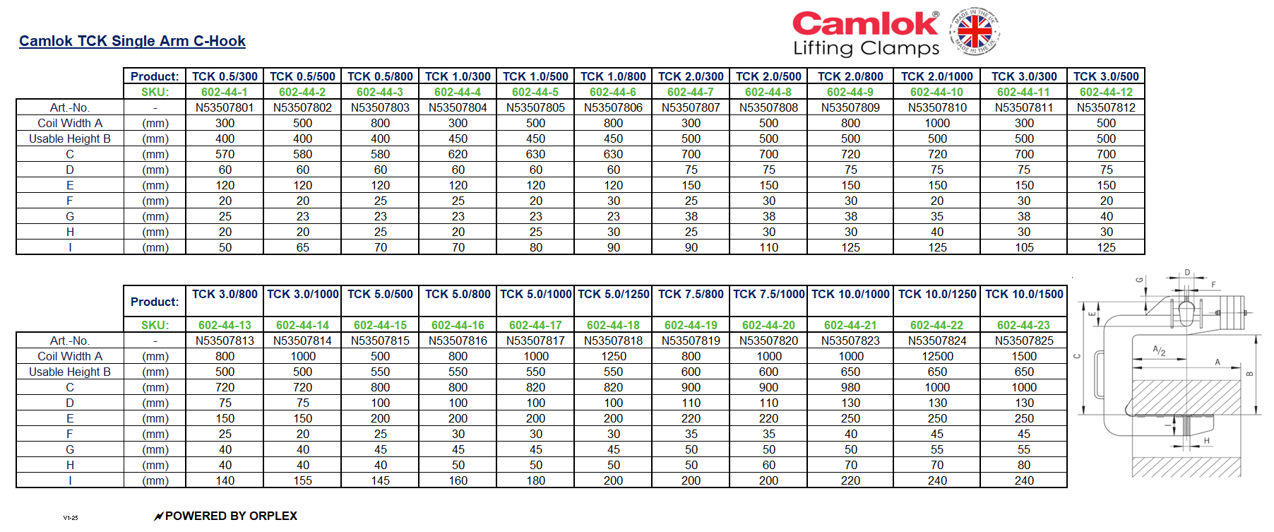 Table of Dimensions for Yellow Camlok TCK Single Arm C-Hook with technical drawing