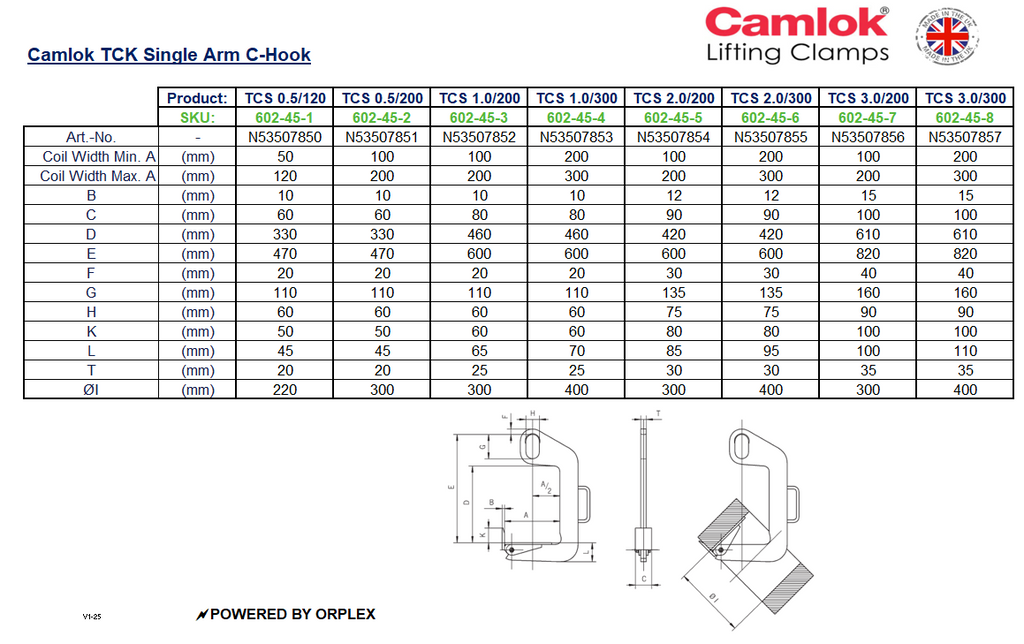 Camlok TCS 500kg Turning Hook – 120mm Max Coil Width - Dimensions